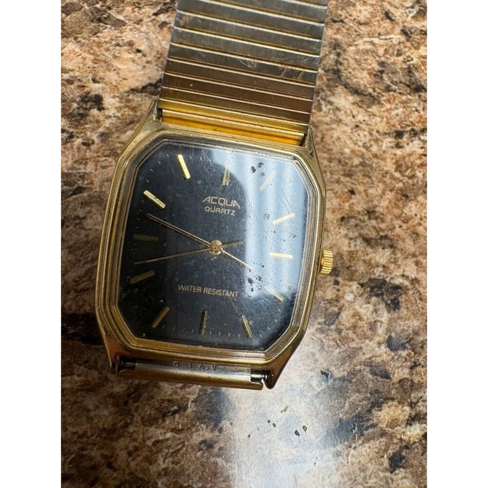 Vintage Acqua Quartz Black Dial Gold Tone Dress Watch Retro Mesh Band Mens